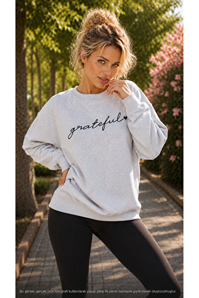 caddekombin Women's Grateful Heart Printed Round Neck Casual Cotton Basic Swe...