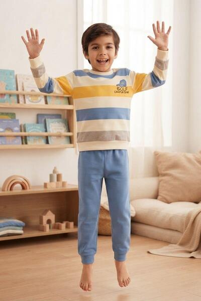 Pina Kids طقم بيجامة قطنية مخططة ومنقوشة للأولاد TKM1026