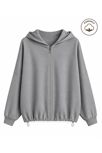 peri tower Women's Hooded Zippered Double Face Interlock Oversize Cardigan 2820