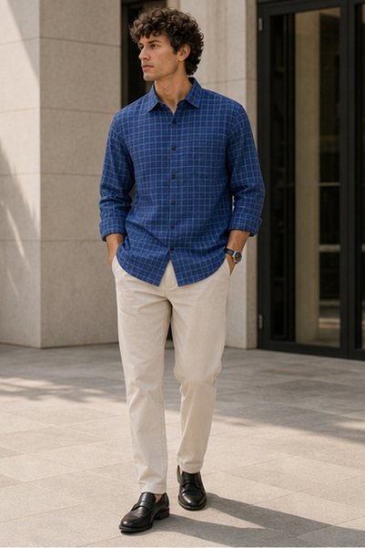 KILLER Men's Slim Fit Checked Cotton Long-Sleeve Shirt - Blue