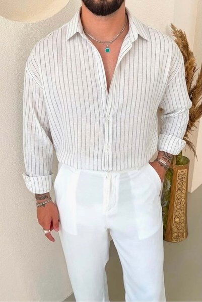 OUTFİT MAN Linen Striped Oversize Shirt White