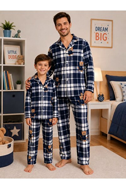 ALİŞ KİDS Suitable for Father and Son Suede Fabric Navy Blue Plaid Teddy Bear...