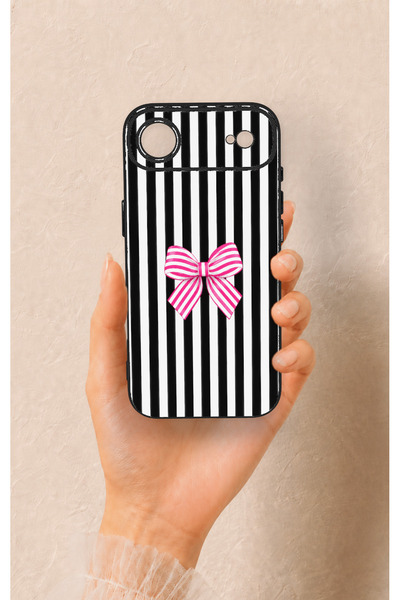 Vip Case iPhone 17 Air Compatible Pink and White Ribbon Patterned Silicone Case