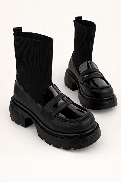 SEFERİ Women's Black Leather Knitwear Detailed High-Sole Boots