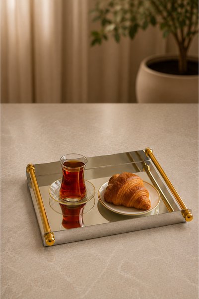 Leila Paslanmaz Çelik Sunum Tepsisi - Gold Metal Kulp Kahve Çay Servis Tepsisi 21x25 cm
