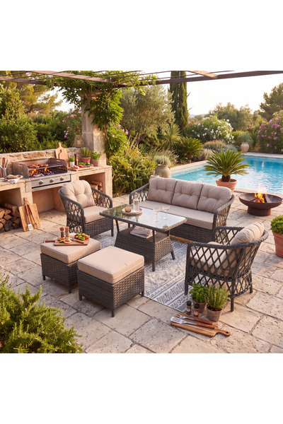 Durante Living Vera Prestige Rattan Bahçe Oturma Grubu 3+1+1+2 Puf+Masa Antrasit