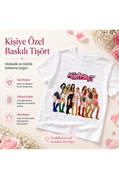 Neon Manifest Baskılı Kişiye Özel Taş İşlemeli Kız Çocuk Beyaz Tişört (5-16 Y...