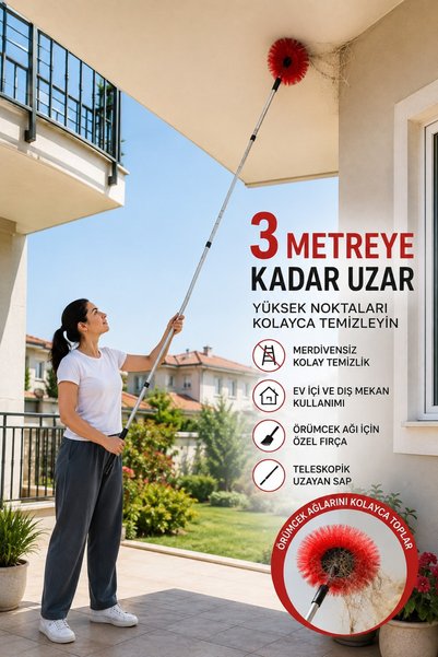 Primeaks 3 Metre Teleskopik Saplı Örümcek Ağı Temizleme Fırçası Seti – Ayarla...