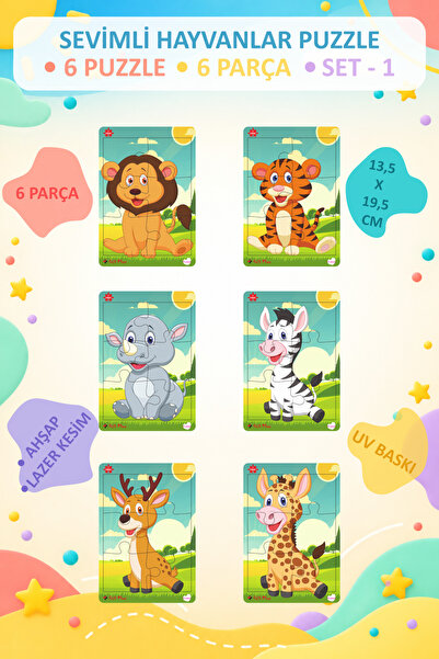 gift plus Ahşap Puzzle 6'lı Set Hayvalar Eğitici Yapboz Puzzle Set 1 (6 Parça)