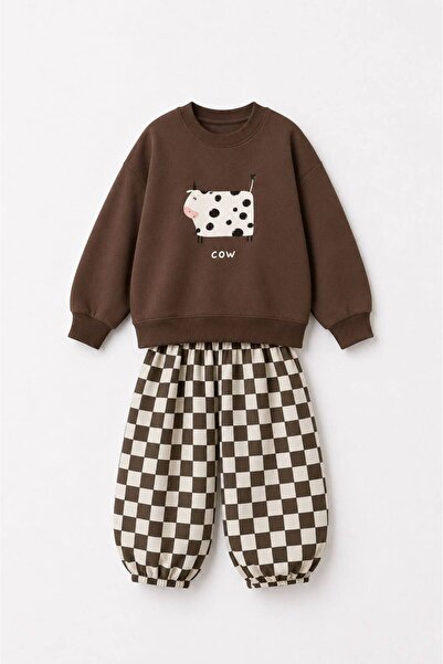 YİGİT BUTİK Çocuk İnek Baskılı 2 İplik Sweatshirt Gabardin Pantolon Alt Üst T...