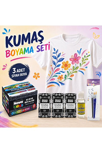 Nova Color Kumaş Boyama Seti – 12’li Karışık Kumaş Boyası, 3 Adet Siyah Toz B...