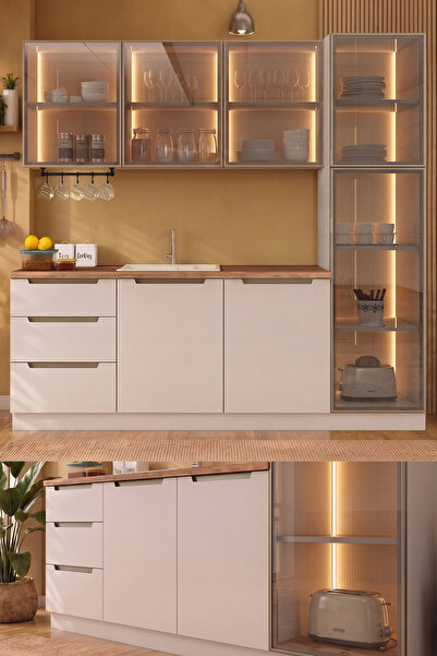 Eymense Hera 230 cm Mutfak Dolabı Seti %100 MDF Ledli Boy Dolaplı Çekmeceli L...