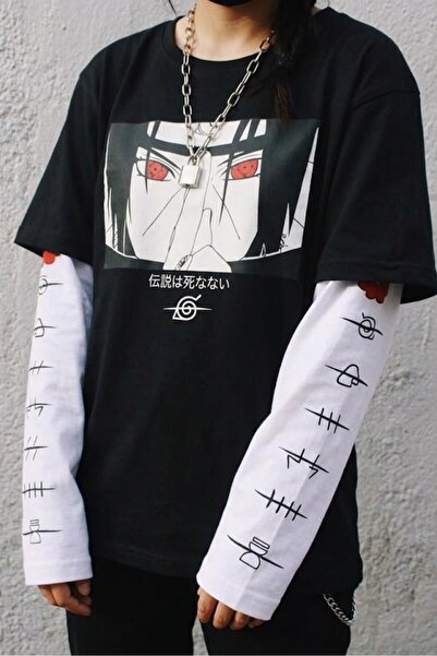Köstebek Anime Naruto Uchiha Symbol Detail White Unisex Sleeve T-Shirt