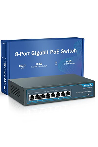 YuanLey 8 Bağlantı Noktalı Gigabit PoE Anahtarı, 8 PoE+ Bağlantı Noktası 1000Mbps, 120W 802.3af/at, Metal Fansız Yönetilmeyen Tak ve Çalıştır