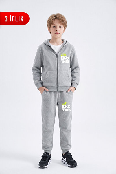 FYK KİDS 3 Thread Printed Zippered Boys' Tracksuit Set