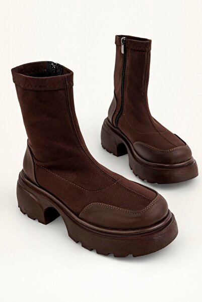 SEFERİ Women's Brown Suede Stretch High-Top Boots