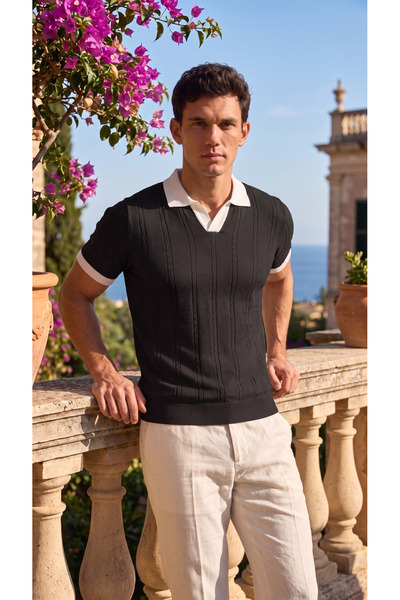 viyamen Men's Polo Neck Summer Modern Knitwear T-Shirt