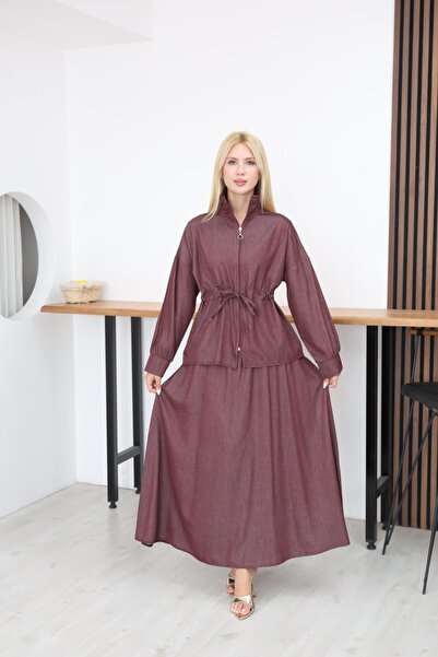 MODAELA Waist-Cinched Zippered Skirt Suit