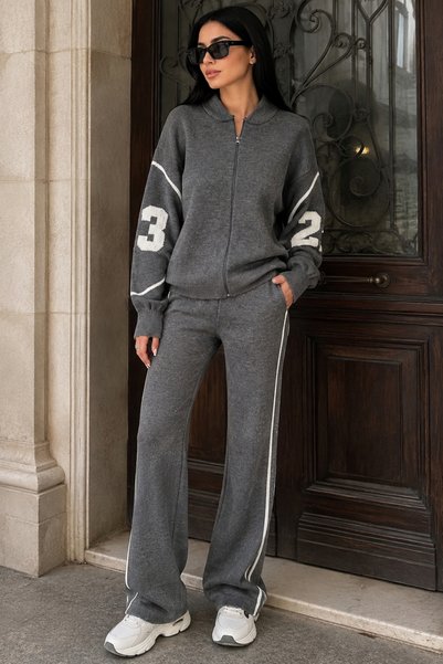EMR Online Women's Gray Knitwear Set Zippered Cardigan Wide Leg Pants 3 2 Pat...