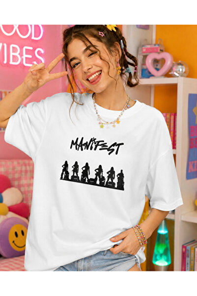 fingerjewerly Manifest Grubu Baskılı Oversize Tişört Unisex %80 Pamuk Boxy Fi...