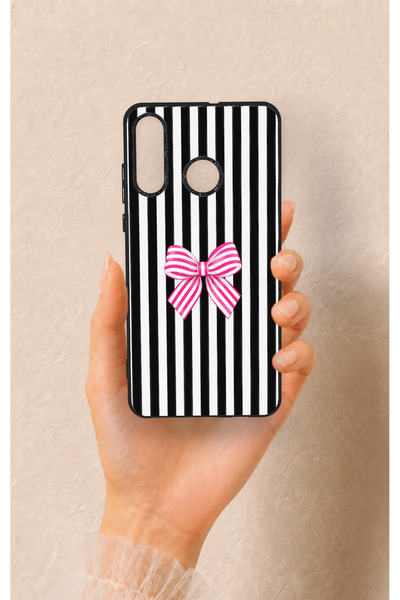 Vip Case Huawei P30 Lite Uyumlu Pembe Beyaz Kurdele Desenli Silikon Kılıf