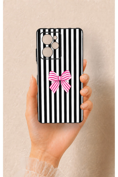 Vip Case Poco X5 Pro Compatible Pink and White Ribbon Patterned Silicone Case