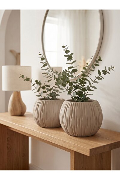 Stone Calm El Yapımı Çizgi Kabartmalı Mermer Tozu Saksı ve Dekoratif Obje - 10x7 cm Minimalist Saksı