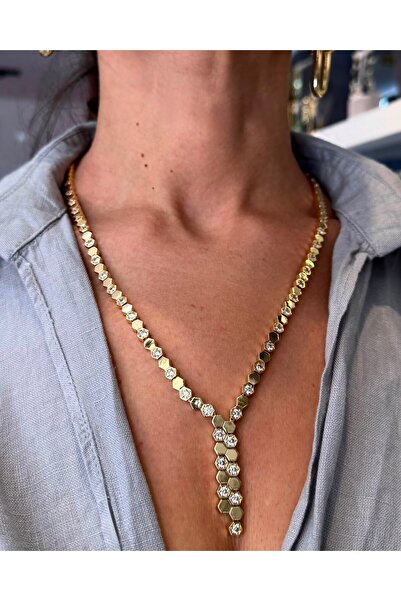 neslyaccessories Kuyumcu İşçilikli 14 Ayar Altın Kaplama Y Model Petek Kolye