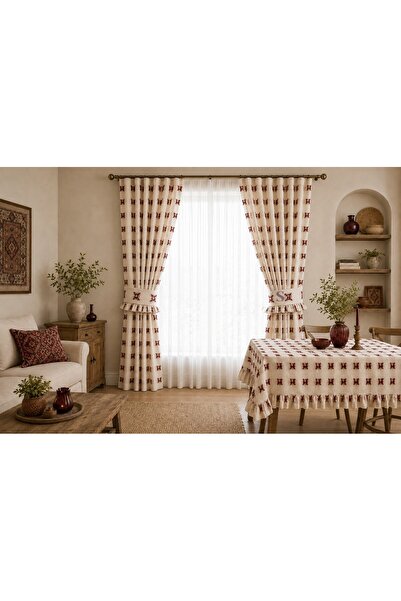 shules collection 100% Cotton Linen Bordo Flowered Curtain with Tassel Detail...