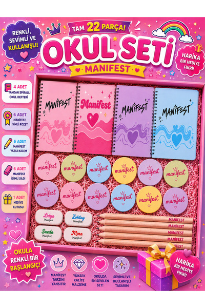 MANİFEST 22 Parça Okul Seti – 4’lü Yandan Spiralli Defter, İsimli Silgi, Kale...