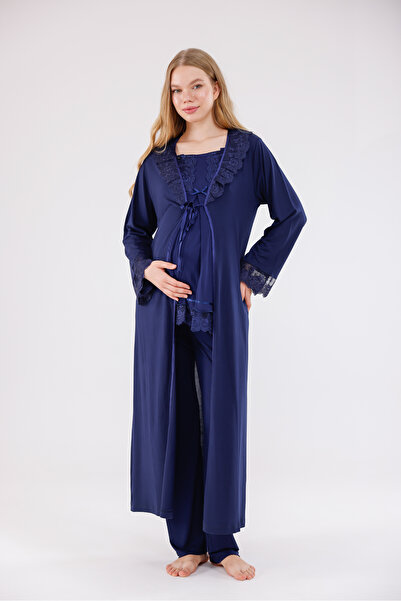 Yulem Homewear Navy Blue Special Lace Design Long Sleeve Maternity Pajama Set...