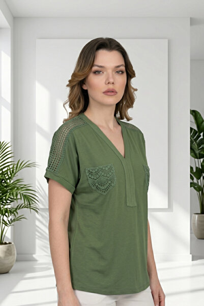 Bİ.GİYSEN Women's plus size green v-neck blouse with ruched shoulder and pock...