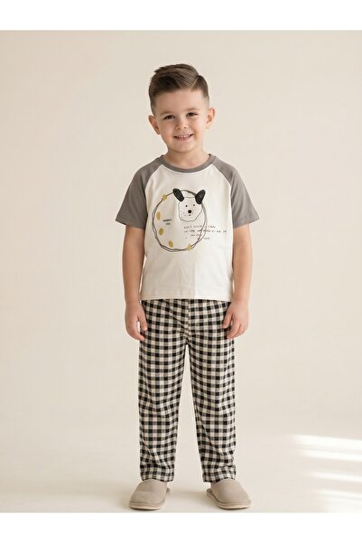 Moumou Kids Erkek Çocuk Köpek Baskılı Reglan Kol Pötikareli Kısa Kollu Uzun P...
