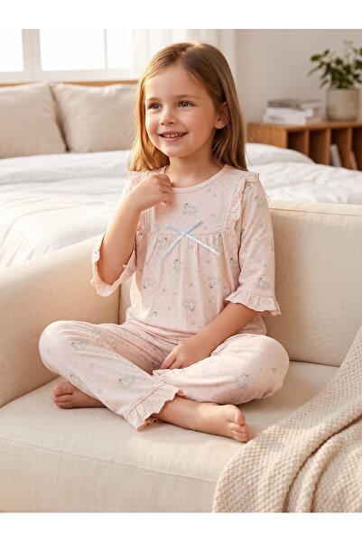 Kız Çocuk Pudra Fırfırlı Fiyonk Detaylı Uzun Pijama Takımı