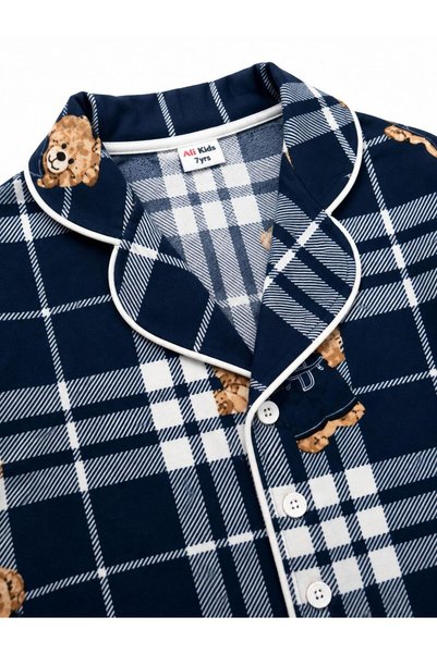 ALİŞ KİDS Suitable for Girls and Mothers, Navy Blue Suede Fabric Plaid Teddy Bear Patterned Shirt Collar Winter Pajama Set