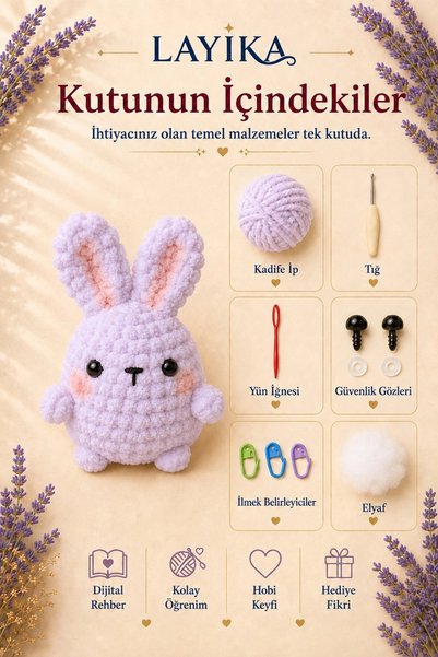 Kent Pazarı LAYİKA Kadife Marshmallow Tavşan Örgü Kiti – Video Rehberli Amigurumi Yapım Seti M03