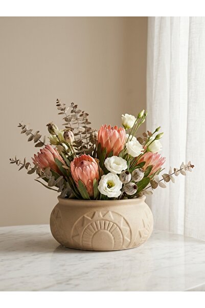 Adeem Beige Circular Flat Ceramic Vase with Traditional Pattern 19*9