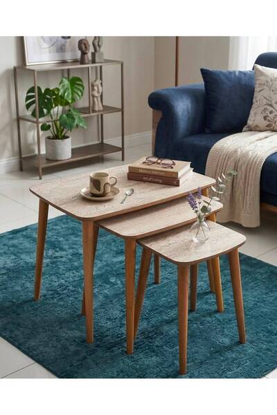 Y&H YAMAN HOME 3'LÜ ZİGON SEHPA MDF TRAVERTEN TAŞ DESENLİ SERVİS SEHPASI