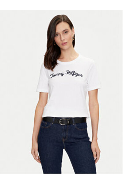 Tommy Hilfiger Tricou alb pentru femei, din țesătură țesută, cu mânecă scurtă...