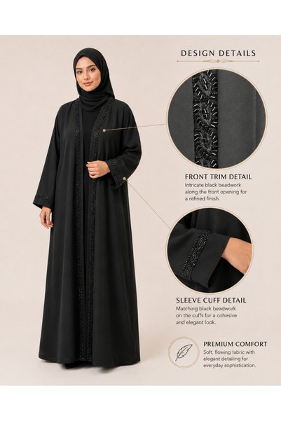 KAVALEE Elegant Black Abaya with Beaded Front Trim & Embellished Cuffs
