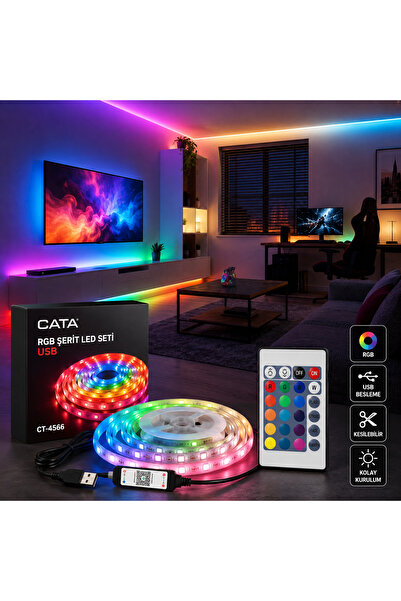 Cata CT-4566 RGB Şerit LED Seti USB Kumandalı Renk Değiştiren Dekoratif TV Ga...