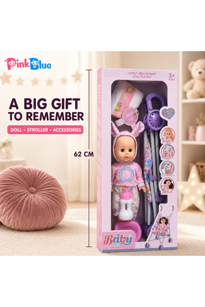 PinkBlue Set Cadou Papusa Bebe Care Vorbeste, Carucior Pliabil, 15 Sunete si ...