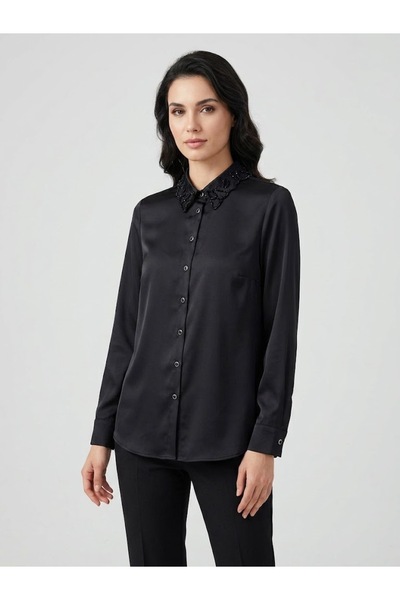 Ekol Collar Embroidered Shiny Satin Shirt 1523