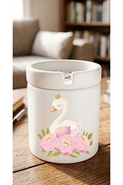 Eylül Design Swan Printed Aesthetic Special Design Printed Ceramic Ashtray Od...