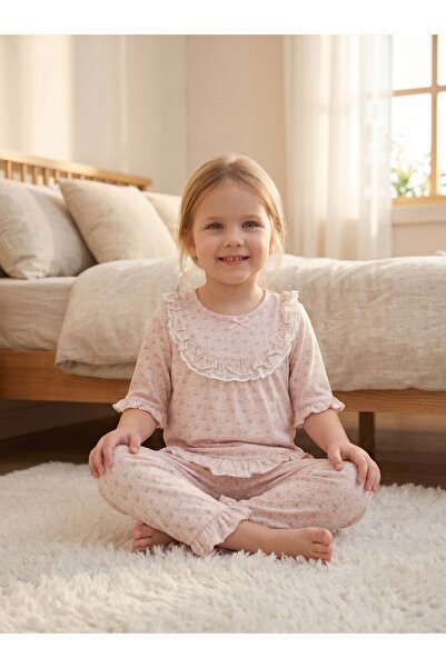 Moumou Kids Kız Çocuk Pembe Fisto ve Fırfır Detaylı Çiçek Desenli Uzun Pijama...