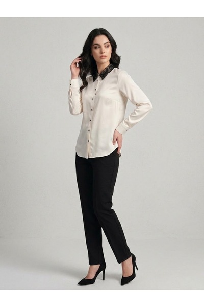Ekol Collar Embroidered Shiny Satin Shirt 1523