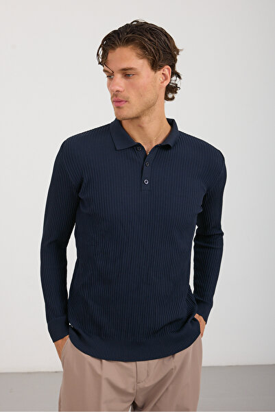 No Way Men's Ottoman Fabric Striped Polo Collar Basic Knitwear