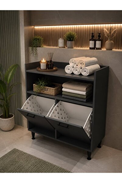 AVEVA HOME MODUS Kirli Çamaşır Sepetli Banyo Dolabı Seti Antrasit - Raflı Çam...