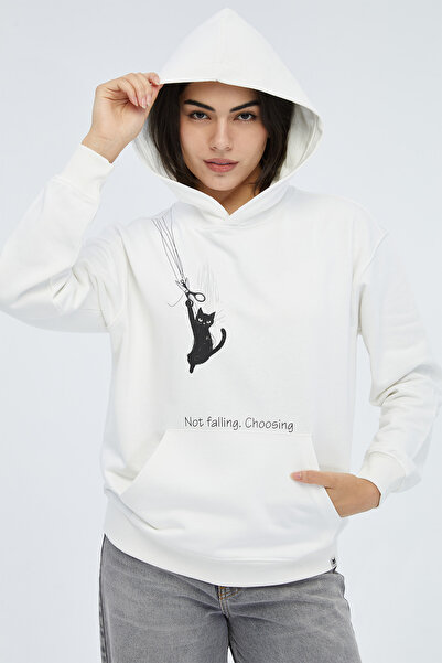 Kedi Baskılı Kapüşonlu Sweatshirt Basic Hoodie
