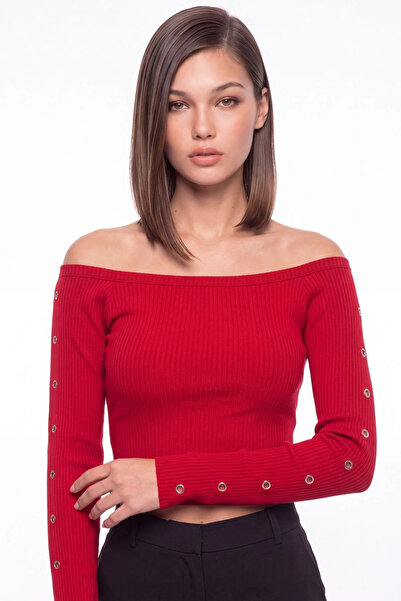 cemo Madonna Yaka Kolları Metal Zımba Detaylı Ribana Crop Bluz